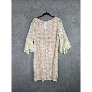 Chico's Lace Shift Dress Ivory Sz 1 Nude Lined Bell Sleeve Wedding Event Party